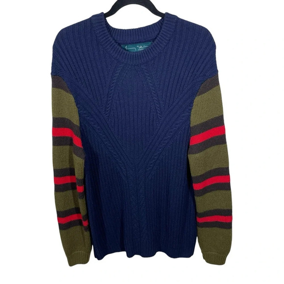 Perry Ellis Mens Merino Wool Blend Cable Knit Sweater pullover large striped - Picture 1 of 8